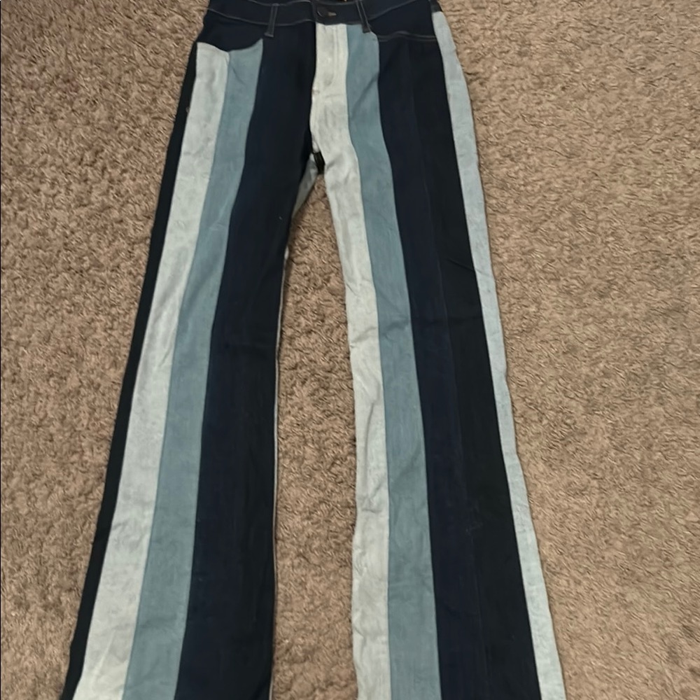 Blue and Black Flare Jeans with Bold Stripes